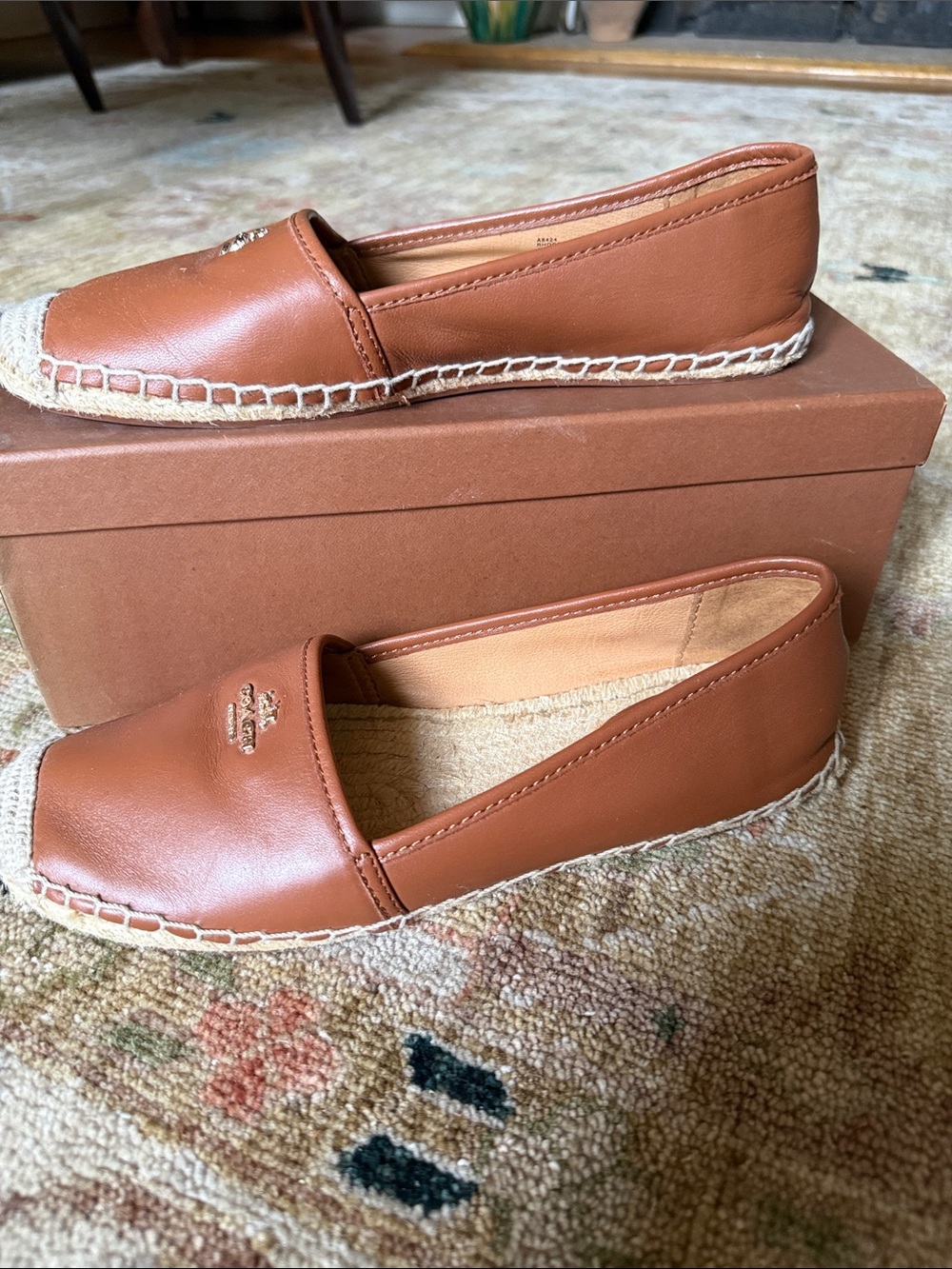 Coach Saddle Brown Leather Espadrille Flats with Gold Logo - Picture 2 of 8